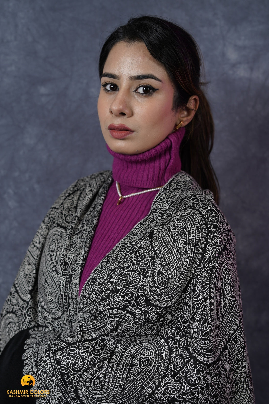 Black Outline Jamavar Hand embroidered Pashmina Stole