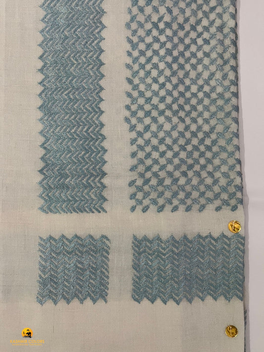 Hand Embroidered Ghutra Natural white & sky blue