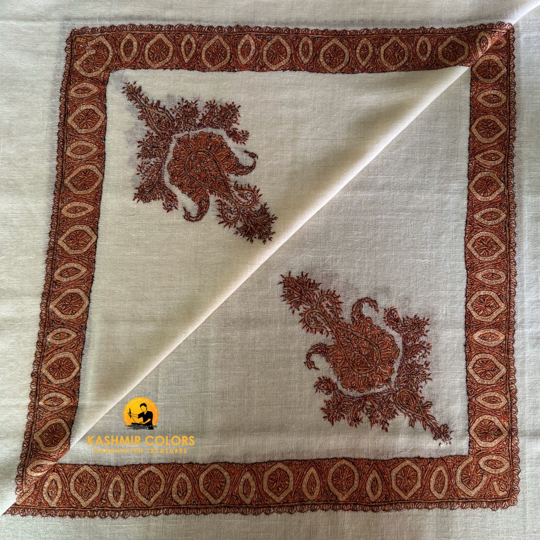 Pure Pashmina Hand Embroidered Ghutra Natural Ivory Square Scarf