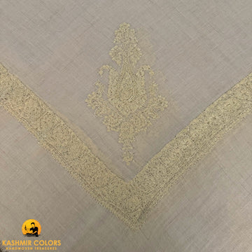 Natural White With Off white Pure Pashmina Hand Embroidered Ghutra Square Scarf