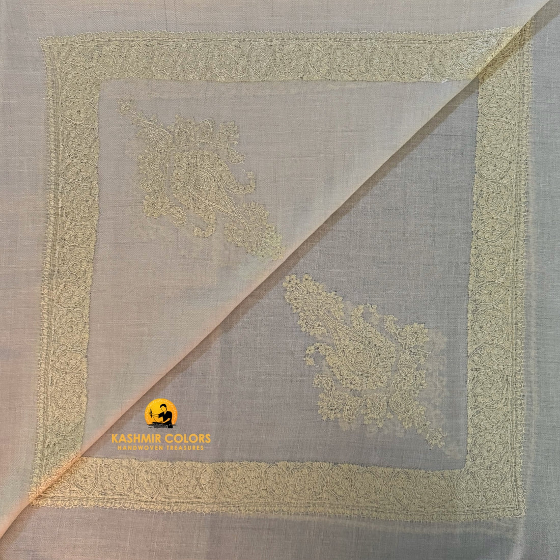 Natural White With Off white Pure Pashmina Hand Embroidered Ghutra Square Scarf