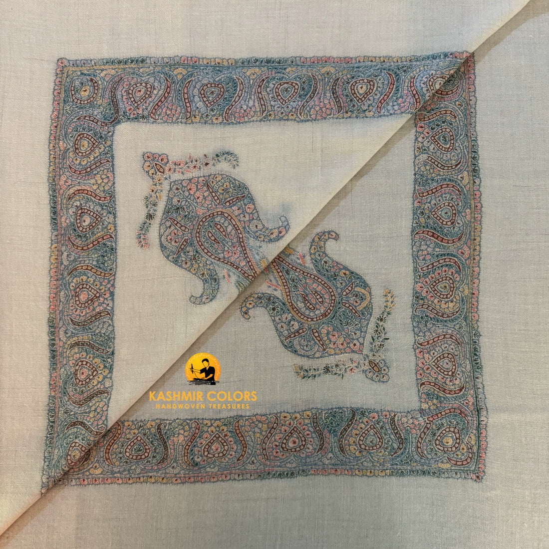 Pastel Shades Pure Pashmina Hand Embroidered Ghutra Square Scarf