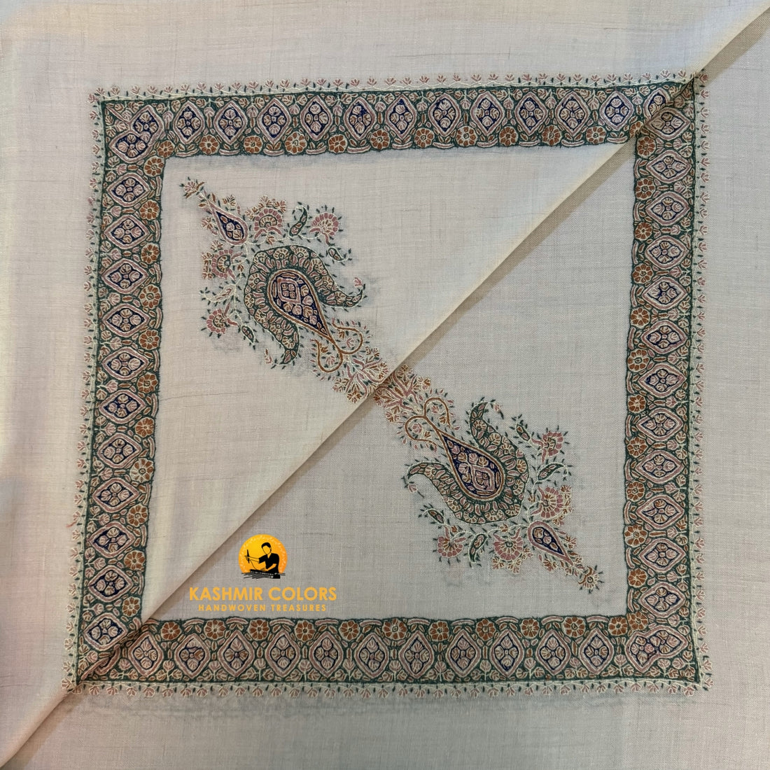 Pure Pashmina Hand Embroidered Natural Ivory Ghutra Square Scarf