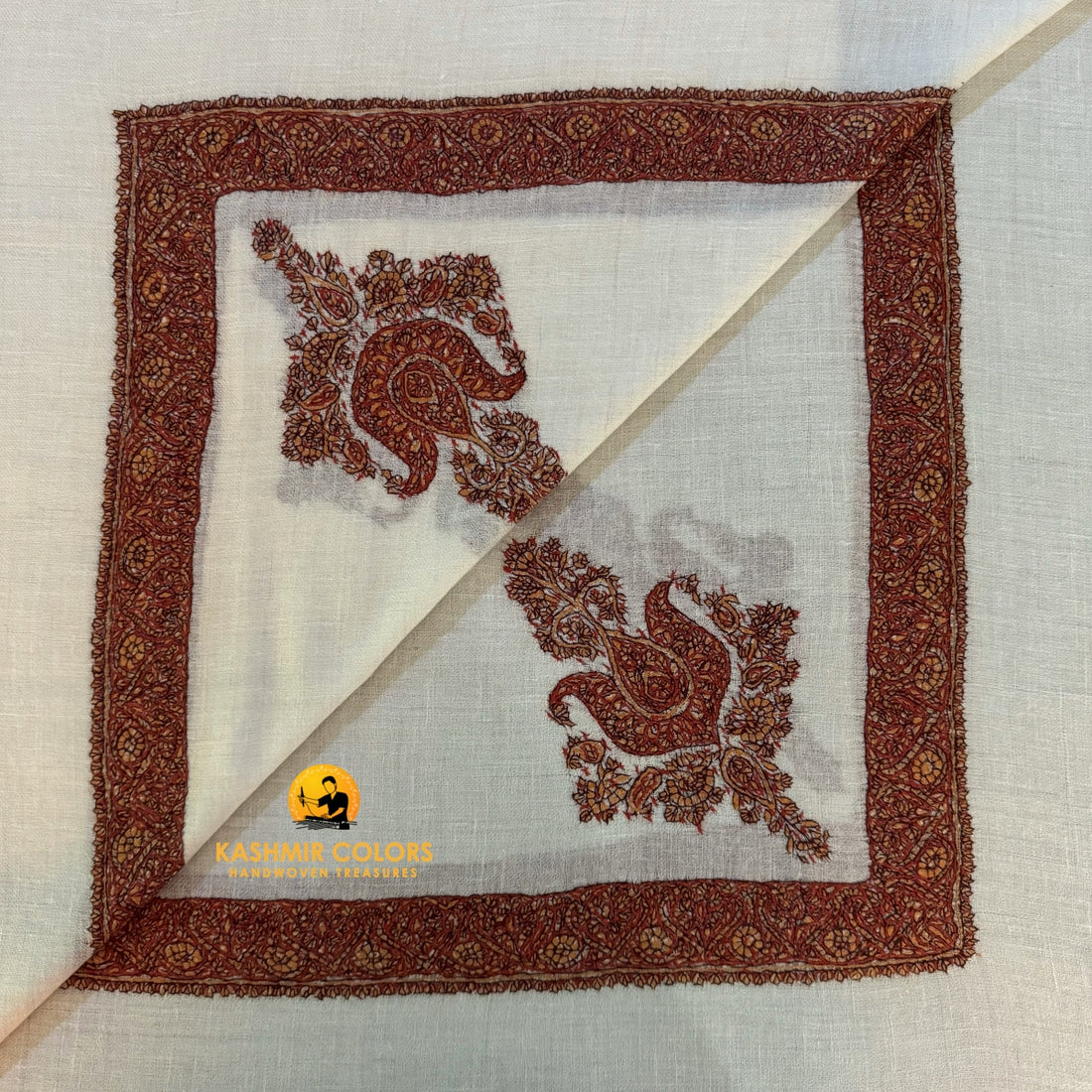 Pure Pashmina White with Browns Hand Embroidered Ghutra Square Scarf
