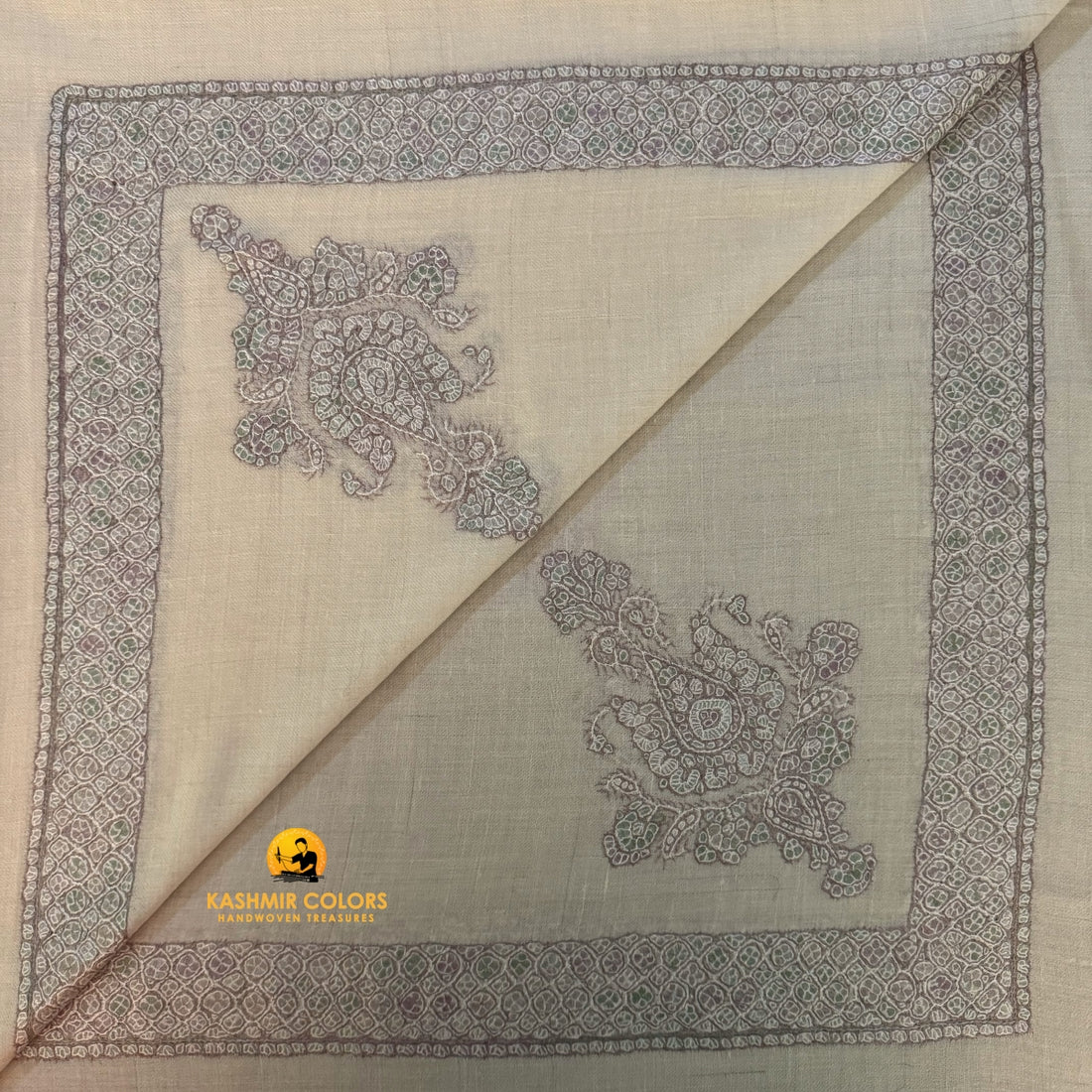 Pure Pashmina Ivory Pastels Hand Embroidered Ghutra Square Scarf