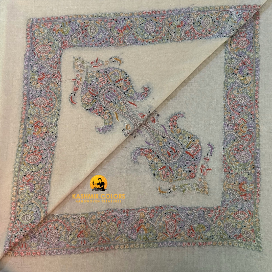 Pure Pashmina Hand Embroidered Rangdar Ghutra Square Scarf