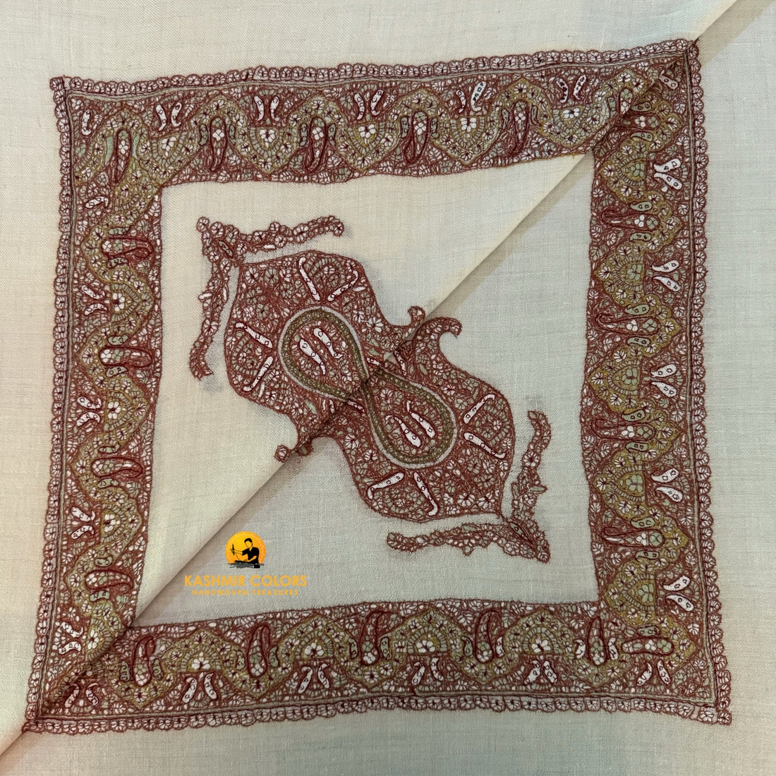 Pure Pashmina Paisley Hand Embroidered Ghutra Square Scarf