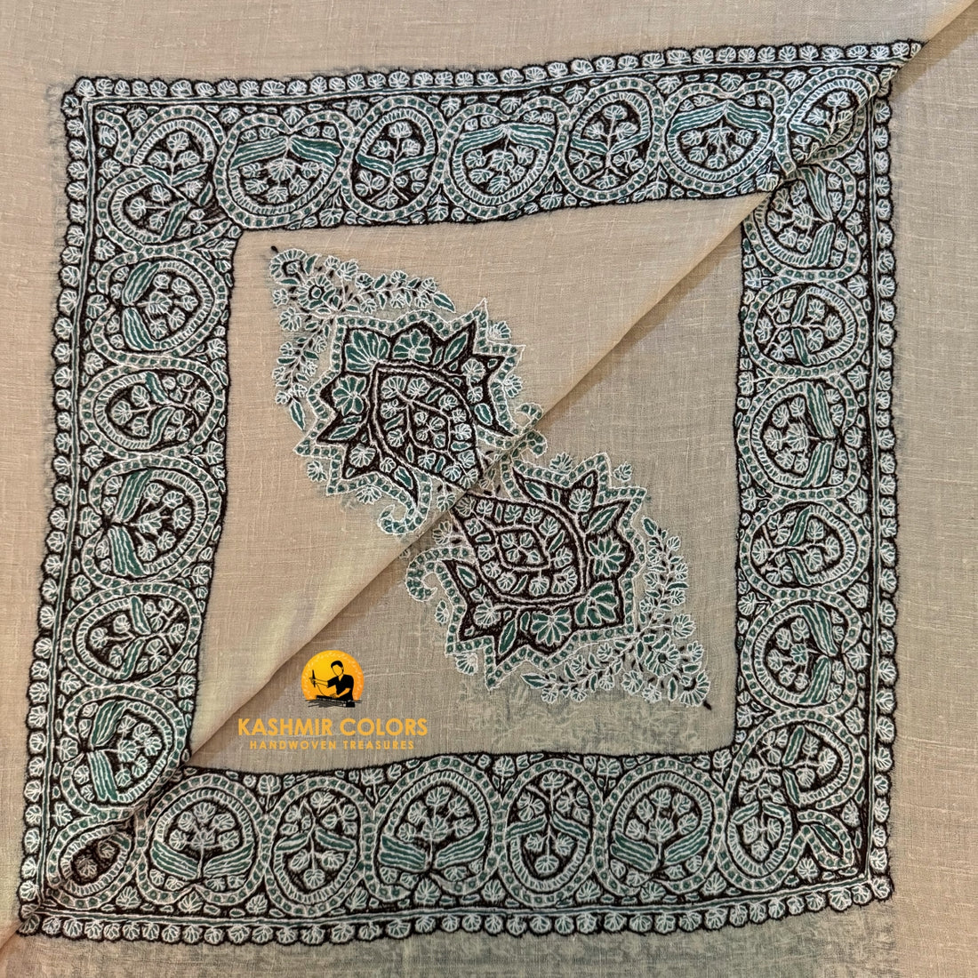 Floral Hand Embroidered Cashmere Ghutra Square Scarf