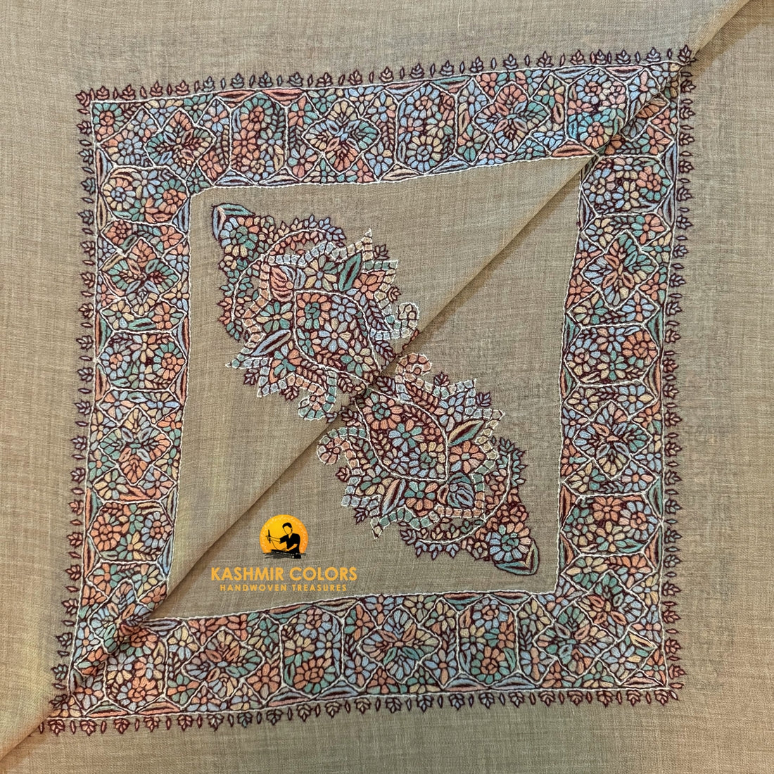 Natural Grey Hand Embroidered Cashmere Ghutra Square Scarf