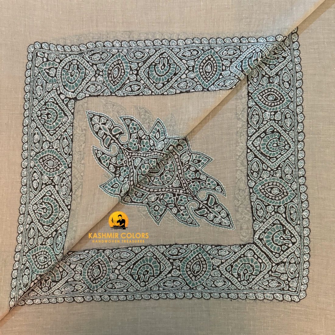 Ivory Hand Embroidered Cashmere Ghutra Square Scarf