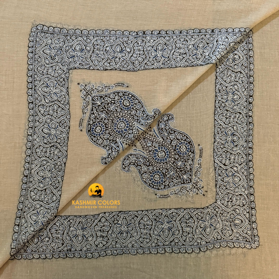 Blueish Brown Hand Embroidered Cashmere Ghutra Square Scarf