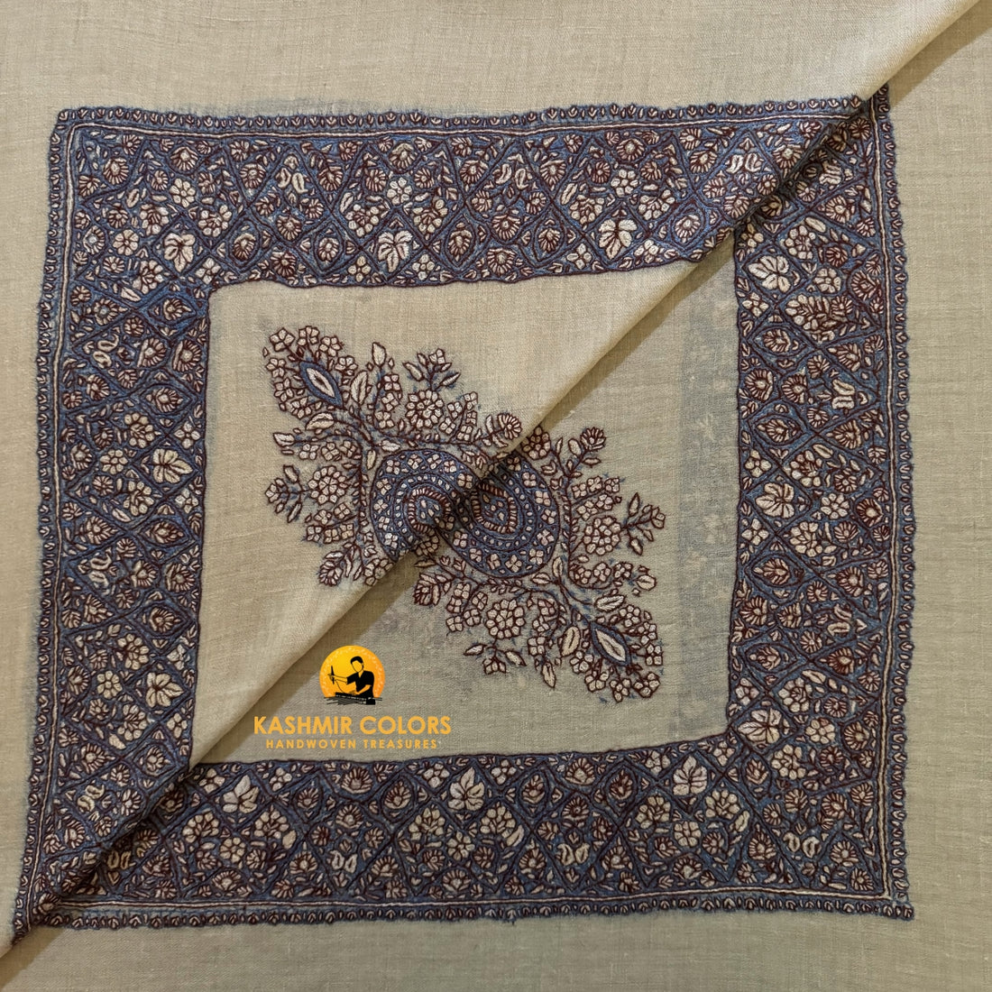 Sozni Hand Embroidered Cashmere Ghutra Square Scarf