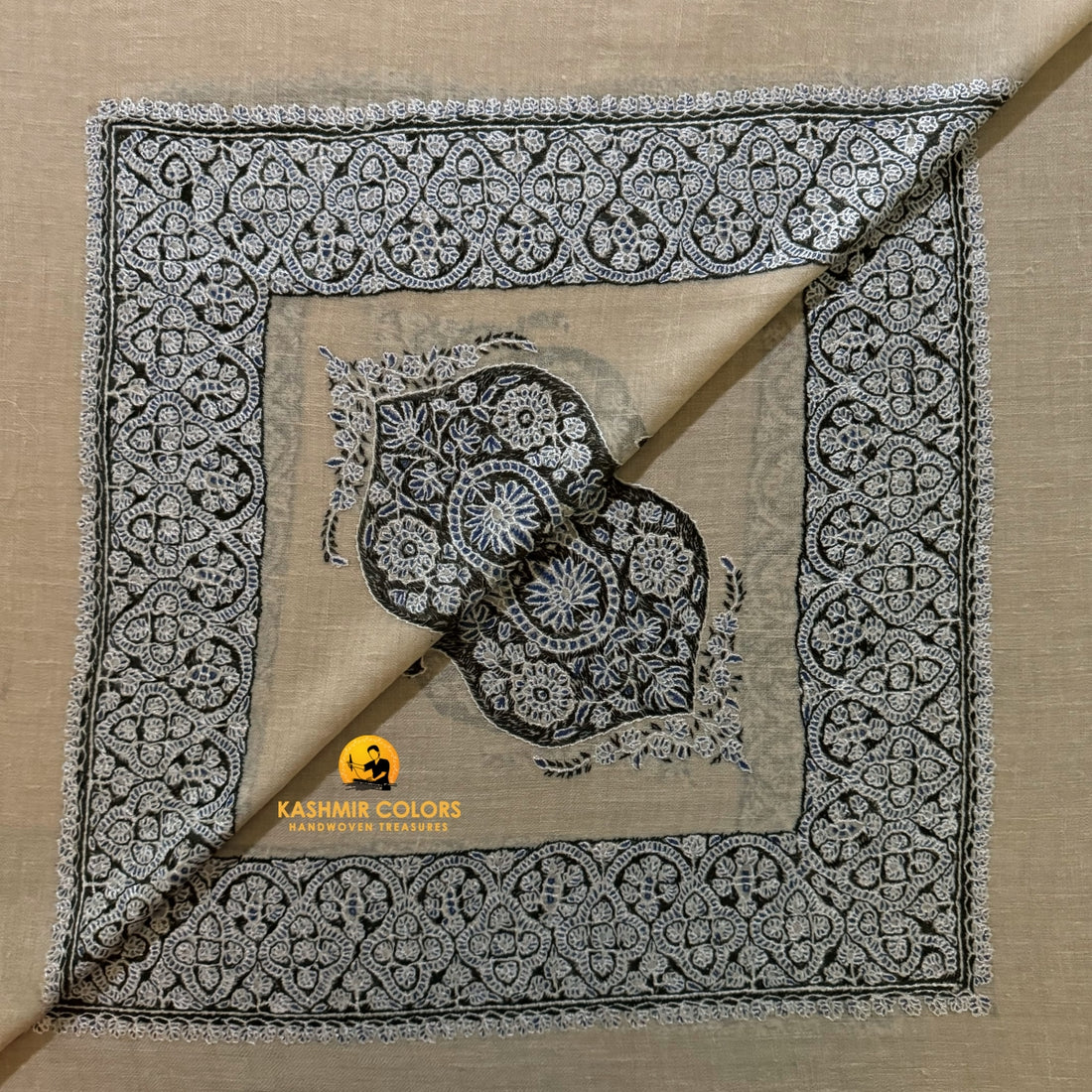 White Blues Hand Embroidered Cashmere Ghutra Square Scarf