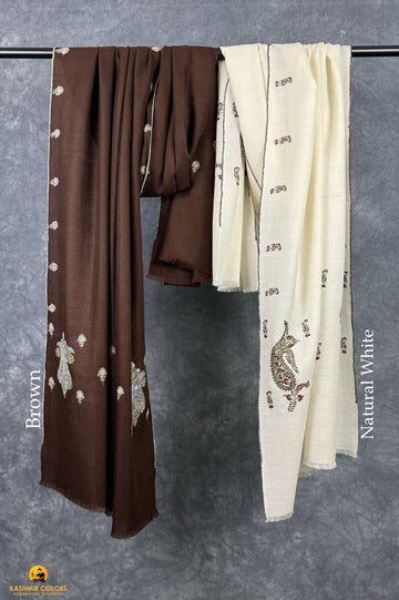 Paisley Border Natural Ivory Hand Embroidered Pashmina Stole