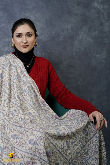 Sozni Jaaldar Hand Embroidered Pashmina Shawl Natural White