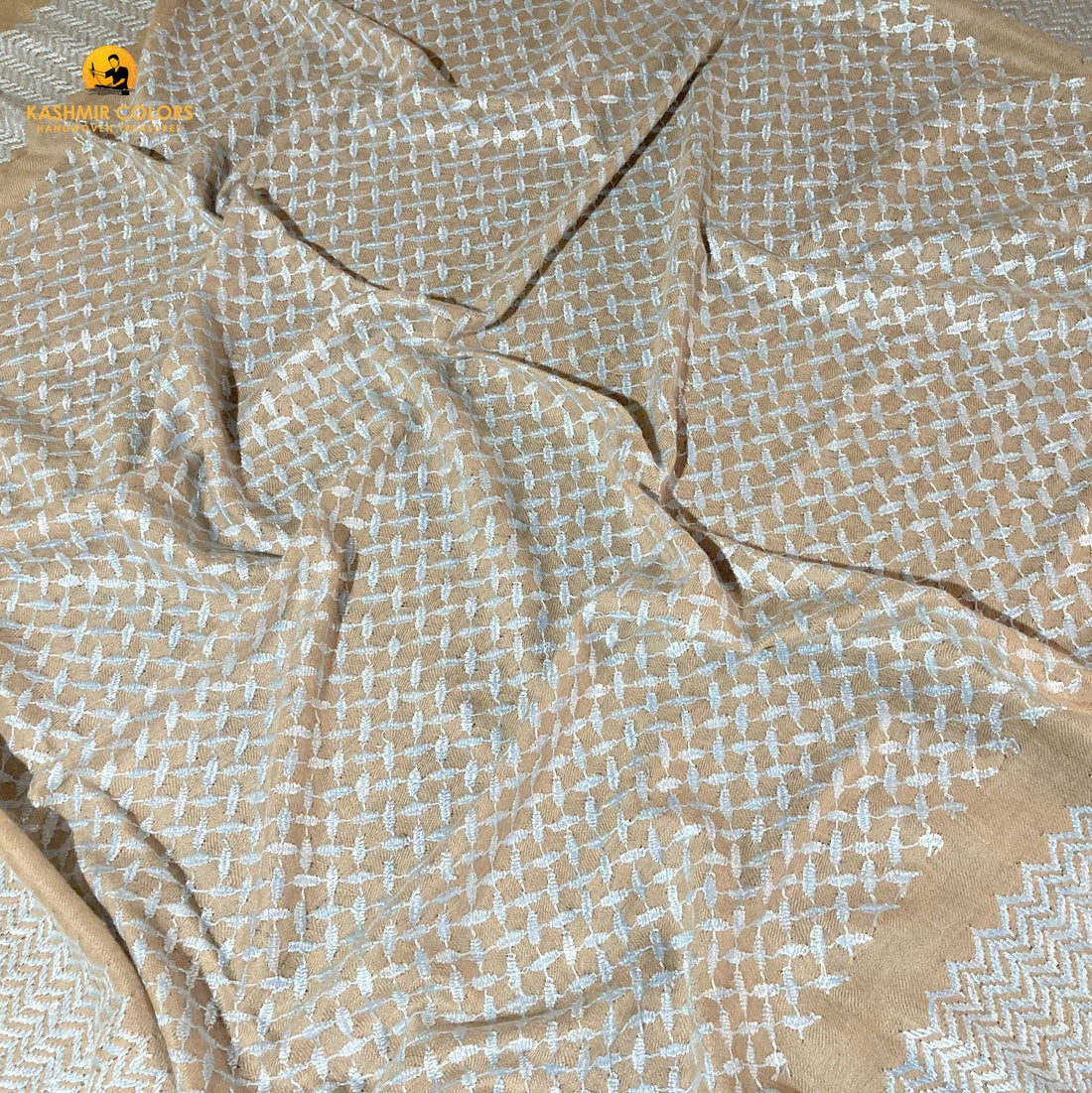 Kashmir Colors Pure Cashmere Pashmina | Arabian Style | Natural Brown / Blue | Embroidered Ghutra