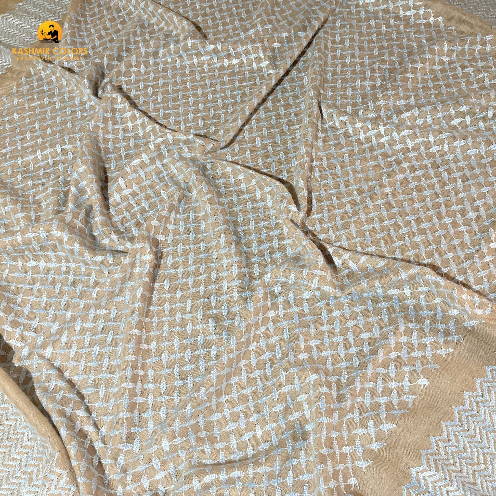 Kashmir Colors Pure Cashmere Pashmina | Arabian Style | Natural Brown / Blue | Embroidered Ghutra