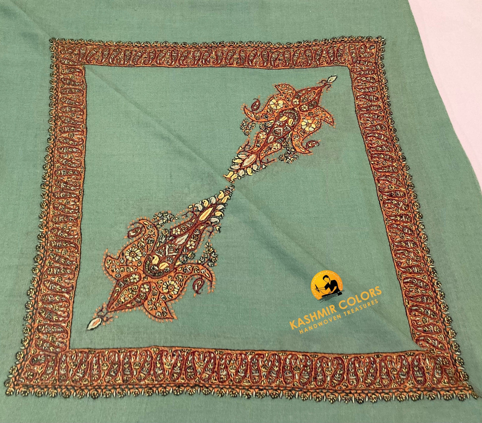 Kashmir Colors Pure Cashmere Pashmina | Caribbean Green | Arabian Style | Embroidered Ghutra