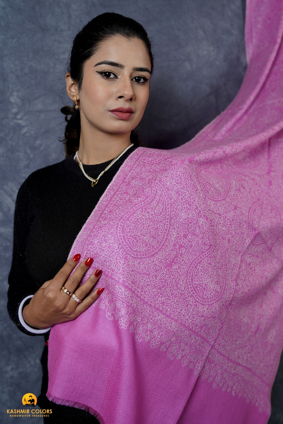 Rose Pink Outline Hand Embroidered Stole