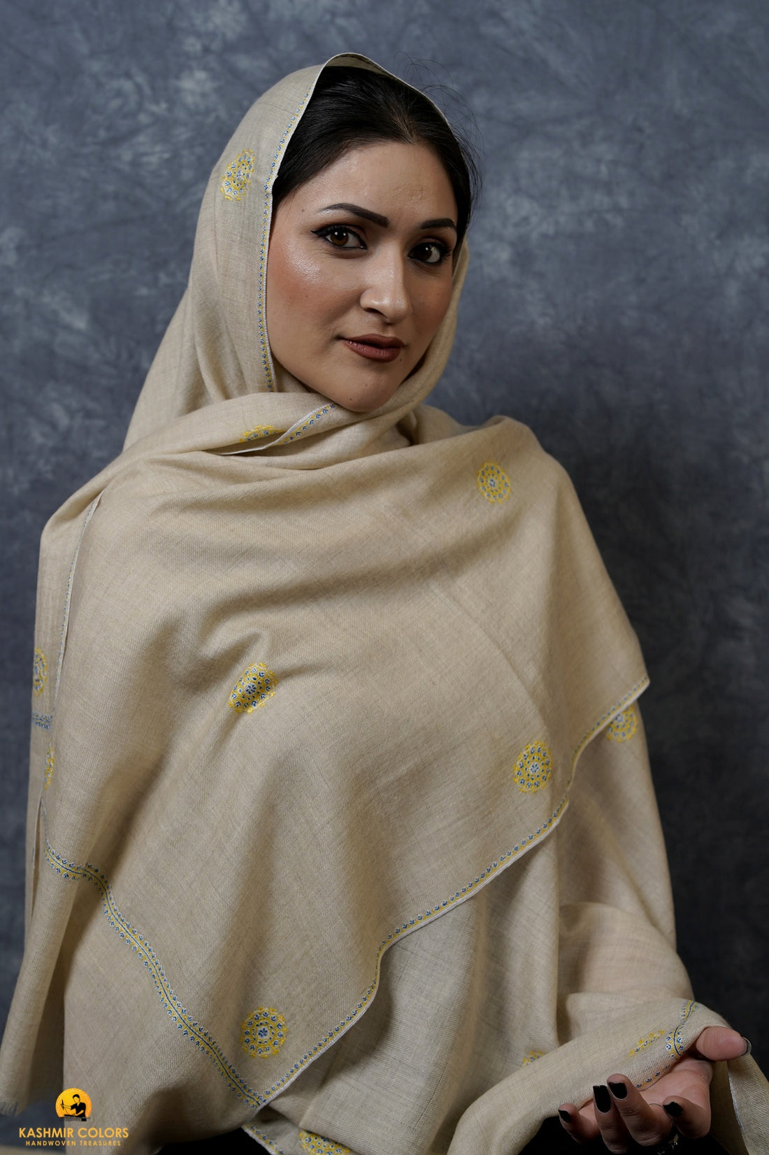 Polka Hand Embroidered Natural Pashmina Stole