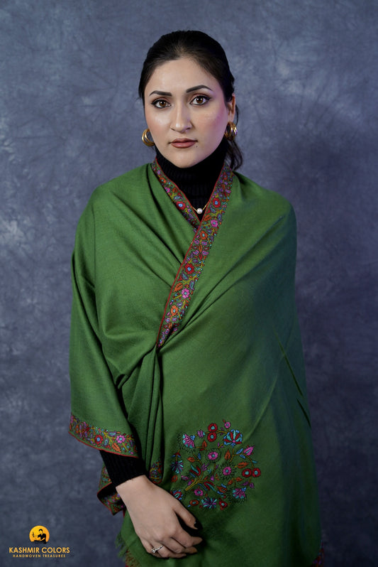 Green Floral Hand Embroidered Stole