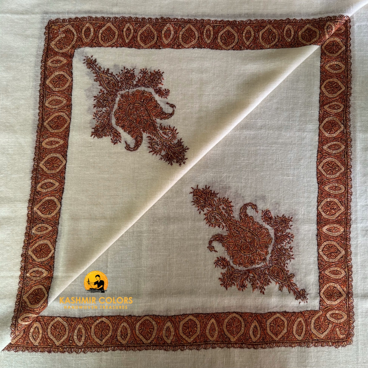 Hand Embroidered Natural Ivory Square Scarf