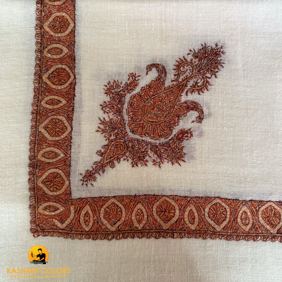 Hand Embroidered Natural Ivory Square Scarf