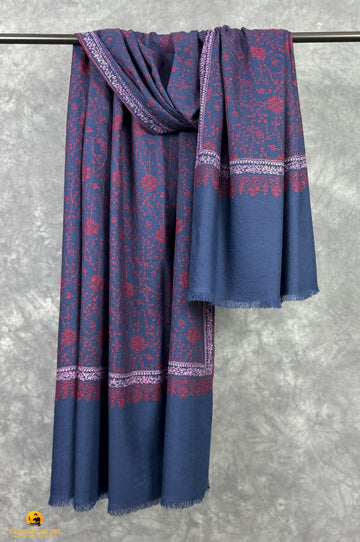 Jaaldar Blue with Red and Pink Hand Embroidered Cashmere Shawl