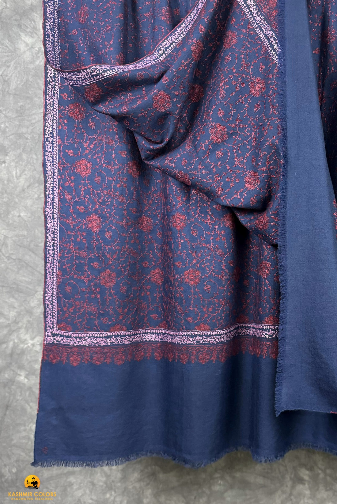 Jaaldar Blue with Red and Pink Hand Embroidered Cashmere Shawl