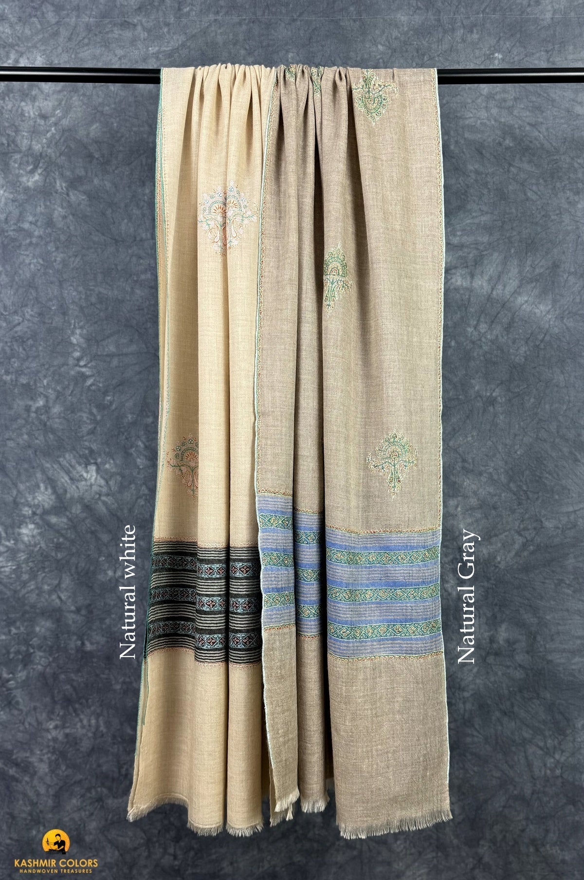 Dussa Charcoal Stripes Natural Hand Embroidered Pashmina Stole