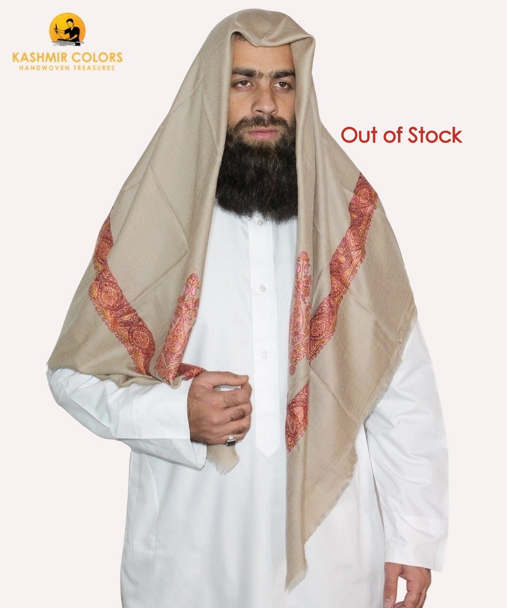 Embroidered Men's Ghutra Natural Brown Pure Cashmere Pashmina Kashmir